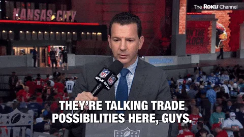 Gif of sports announcer that reads: They're talking trade possibilities here, guys"