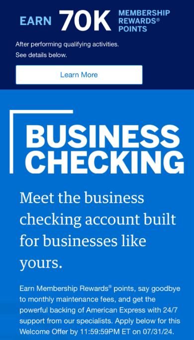 Amex Business Checking 70K bonus