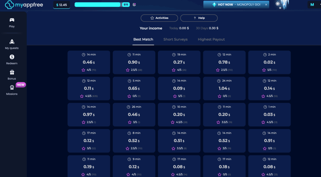 Here's a screenshot of the surveys section on MyAppFree.
