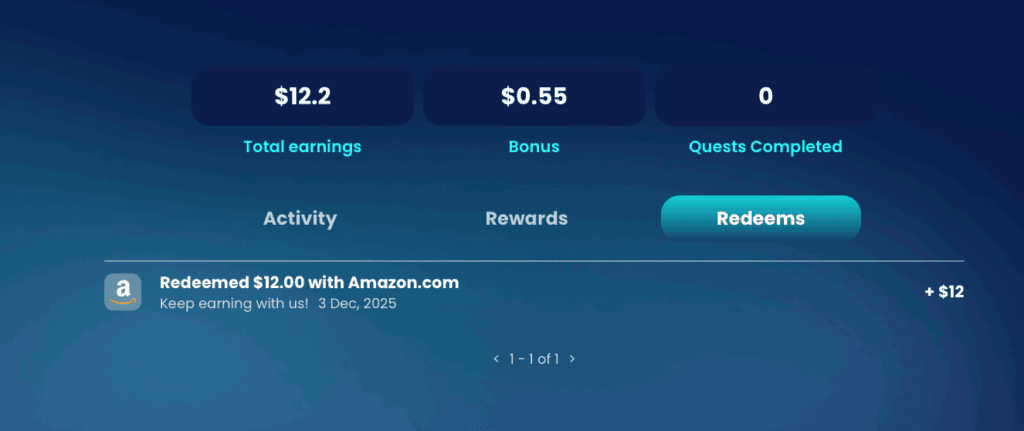 Here's proof that I redeemed my earnings for a $12 Amazon gift card.