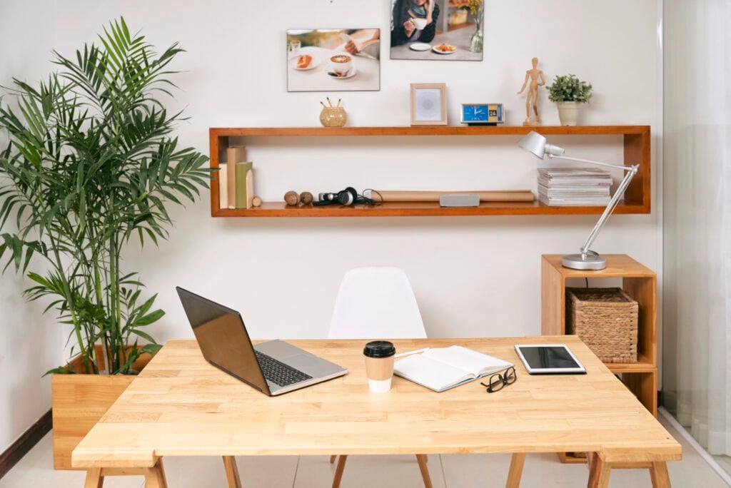 laptop on desk with bookshelf and plants