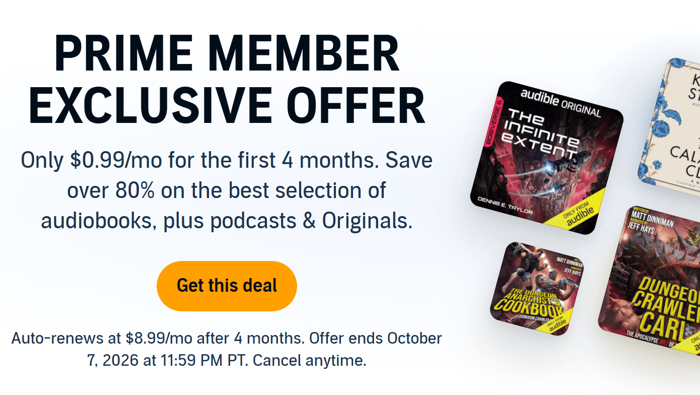 Audible Deal: 4 Months for $0.99/Month for Prime Members